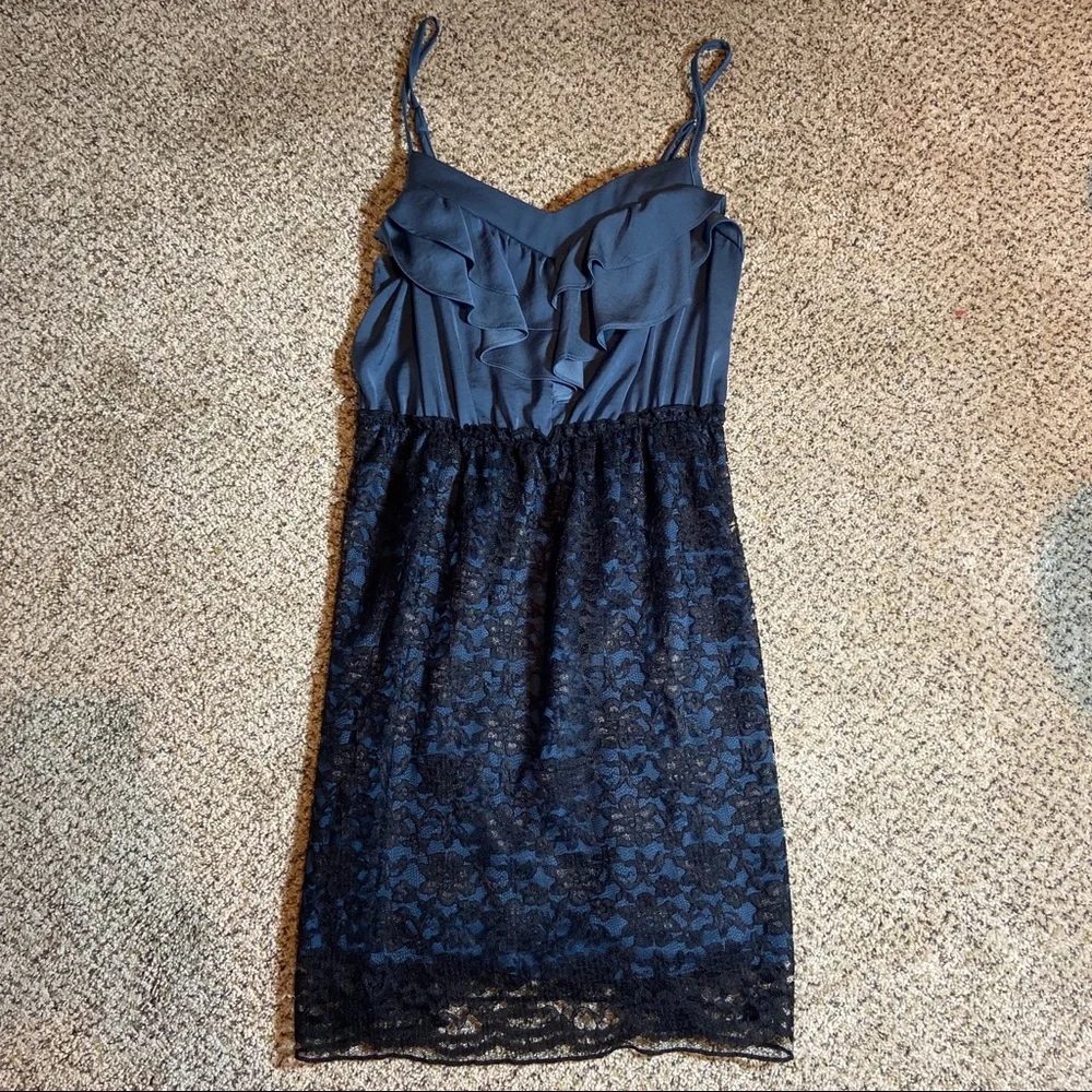 Blue Ruffle Black Lace Colorblock Dress Medium
